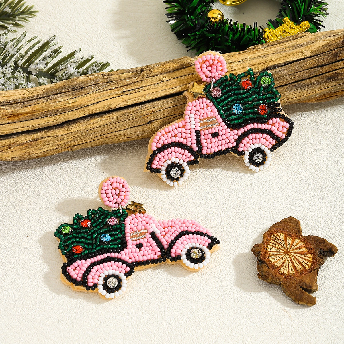 

Pink Truck With Christmas Tree Beaded Earrings For Women Bohemia Handmade Seed Beads Christmas Earrings Holiday Party Accessory