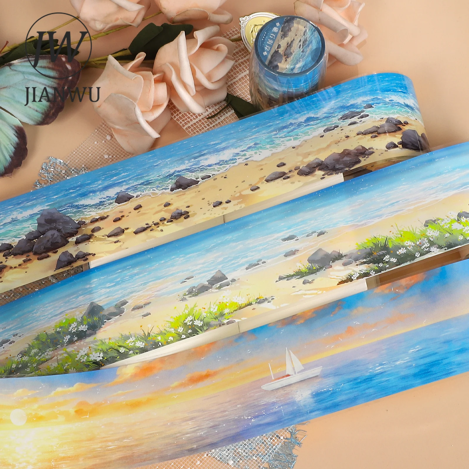 JIANWU Vintage Morze Plaża Zachód Słońca Krajobraz Materiałowy Kolaż Scrapbook Taśma PET Kreatywne DIY Dziennik Artykuły Papiernicze