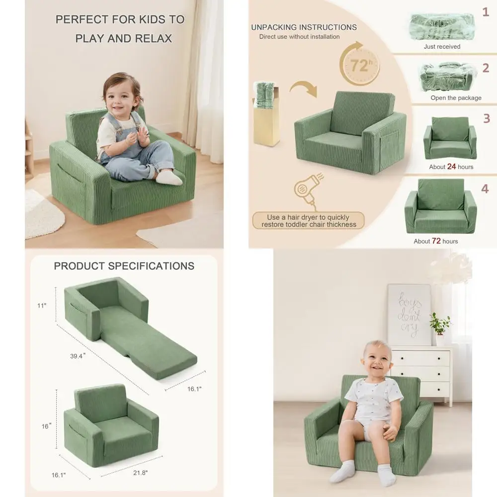 

2-in-1 Convertible Toddler Couch for Comfortable Seating, Suitable for Ages 1-3, in Green