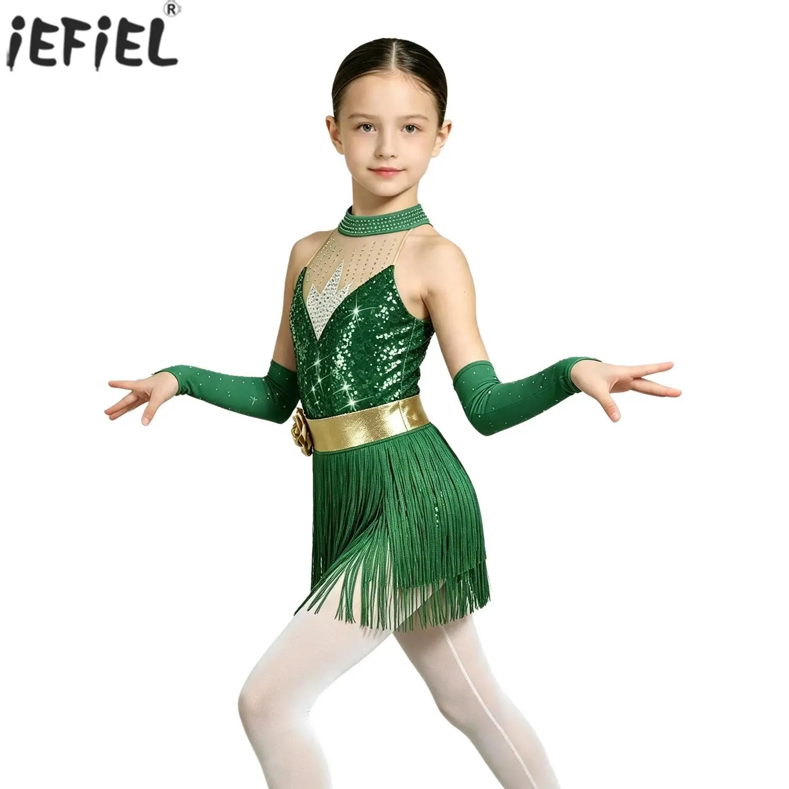 Kids Girls Latin Dance Dress Fairy Costume Sleeveless Shiny Sequins Tassels Leotard with Gloves for Ballroom Tango Cha-cha Samba