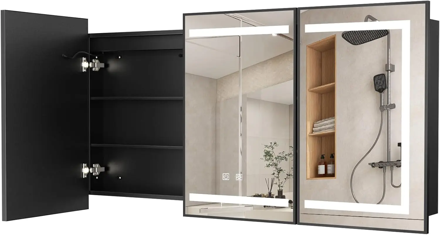 48 x32אינץ 'ארון רפואה שחור עם מראה או משטח מואר ארון תרופות מוארת משטח עם 3 צבעים טמפרטורה