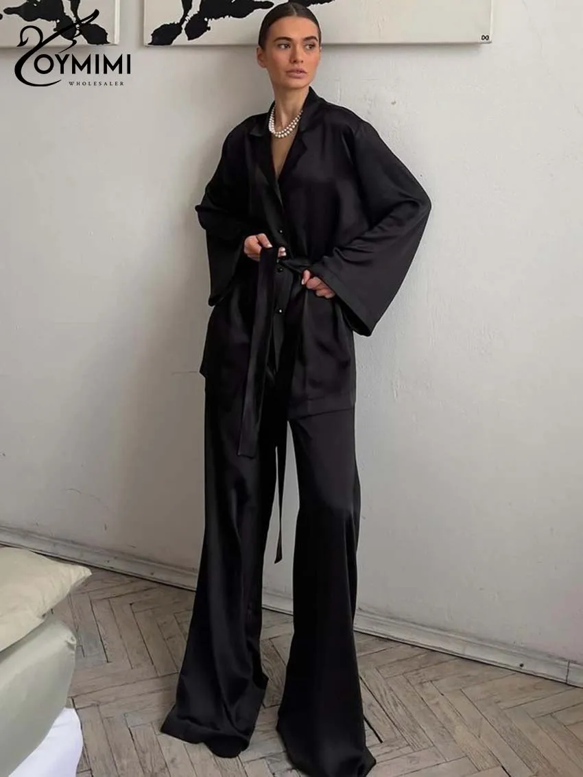 

Oymimi Fashion Black Loose Two Piece Outfits Woman Elegant Long Sleeve Button Lace-Up Shirts And High Waist Straight Pants Sets