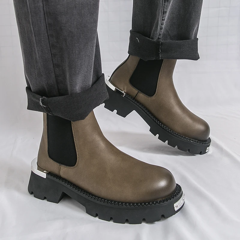 

Men Chelsea Boots PU Thick Soled Trendy Comfortable Business Casual High Top Men Boots Sizes 38-46