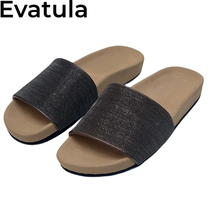 

2024 Summer Open Toe String Bead Flat Slippers Women Real Suede Slip On Platform Mules Concise Causal Beach Slides Shoes Female