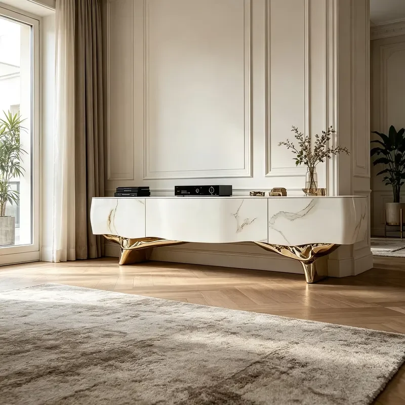 Modern Luxury White Marble Textured Fiberglass TV Cabinet Curved Polished Gold Base Living Room Interior Decoration Furniture