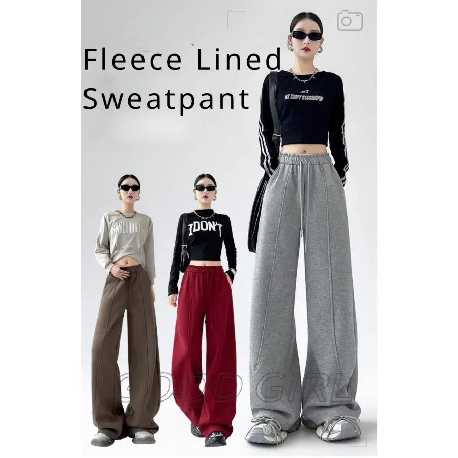 

Winter Warm Fleece Pant with Pocket Drawstring Baggy Sweatpant Workout Straight Wide Leg Long Brushed Pants Thick Women y2k New