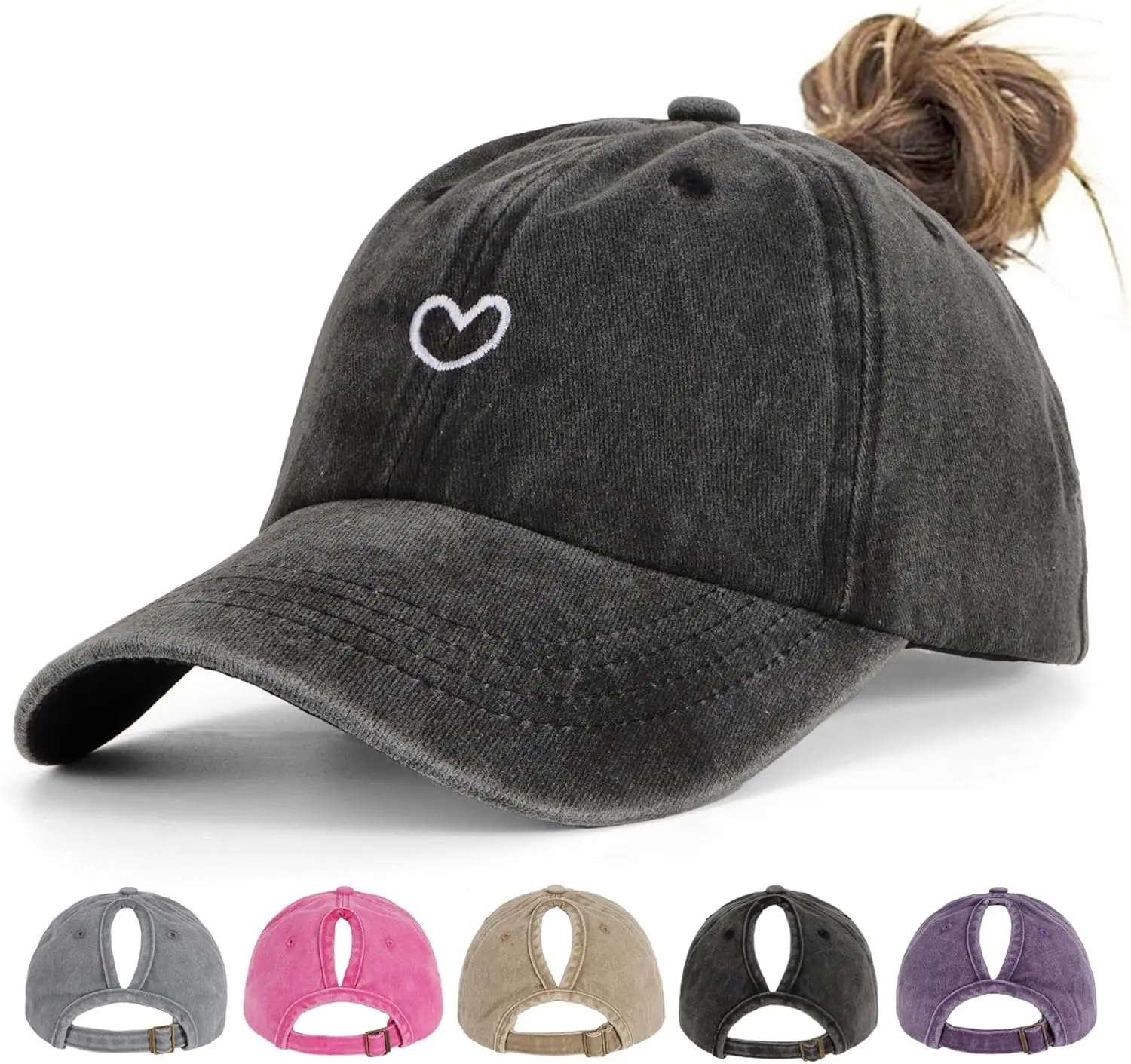 Casquettes pour queue de cheval pour femmes - Casquette de baseball effet vieilli avec trou pour queue de cheval