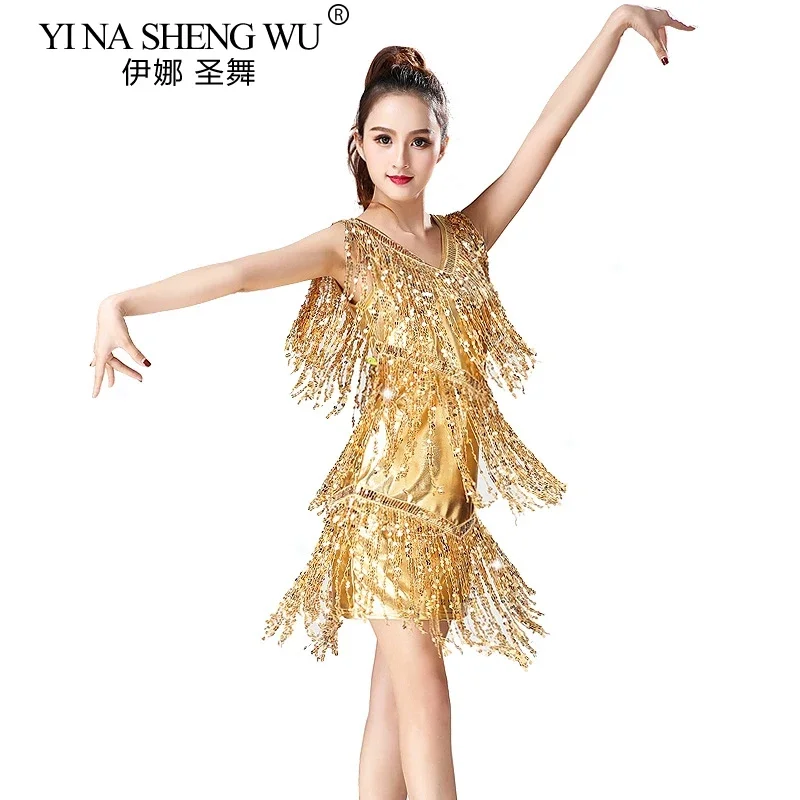 Abito da donna con frange con paillettes Abito da ballo latino senza maniche lucido Tango Samba Costume da ballo per sala da ballo Jazz Salsa Party Wear