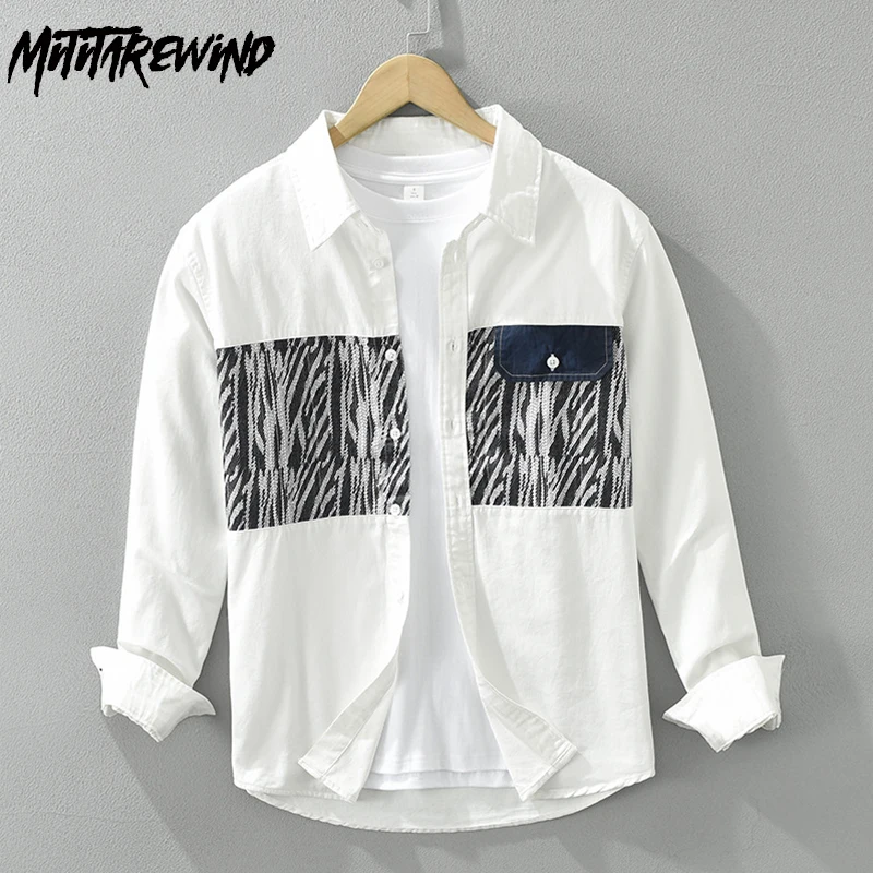 

Spring Summer New Men's Shirts Youth Fashion Streetwear Tops Pure Cotton Patchwork Designer White Shirt Men Causal Loose Shirt