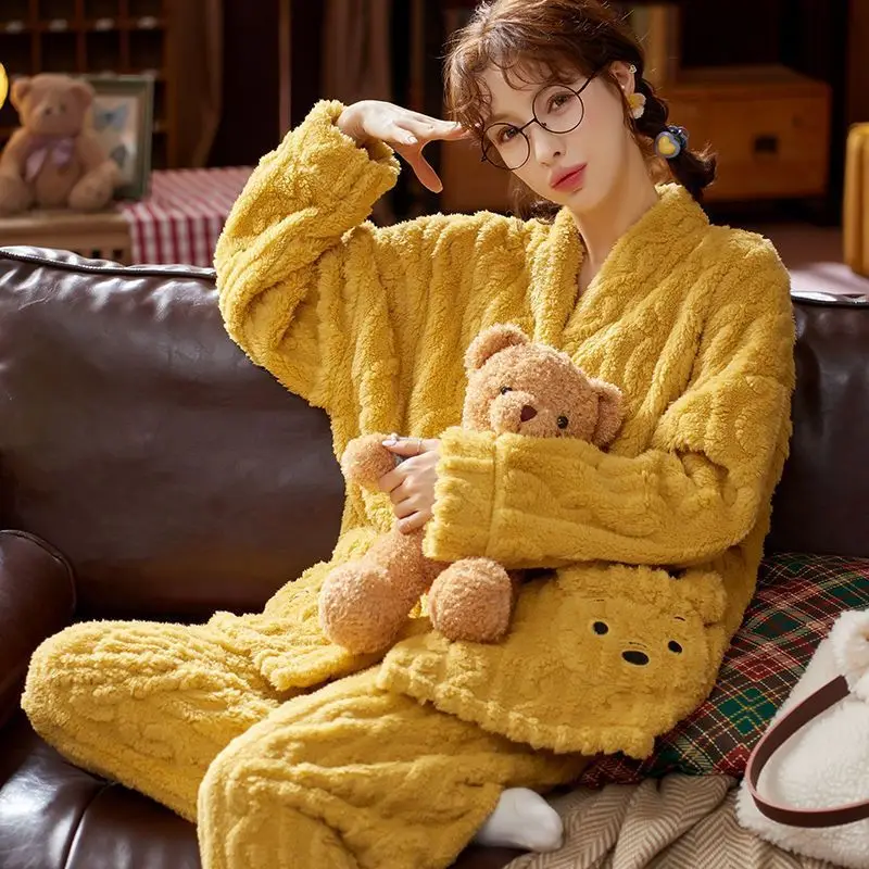 Autumn Winter Warm Coral Flannel Women Pyjamas Sets Thick Coral Velvet Long Sleeve Sleepwear Ladies Flannel Homewear Suits