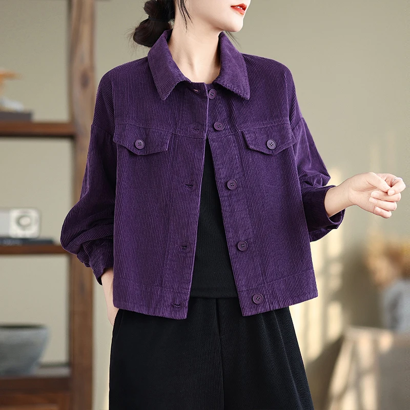 퍼플 플래드 캐주얼 재킷 여성용 2025 신상 패션 숏 셔츠 슬리브 코듀로이 가을 겨울 두꺼운 루즈핏