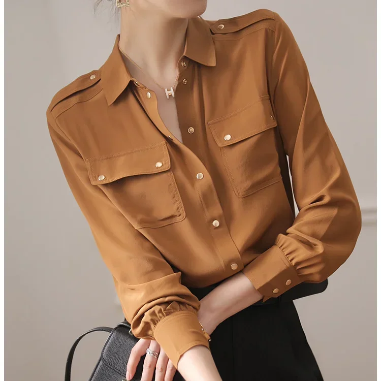 Fashion Silk Shirt Women\'s Spring and Autumn 2024 New Long-sleeved Retro Blouse Brown and White Color