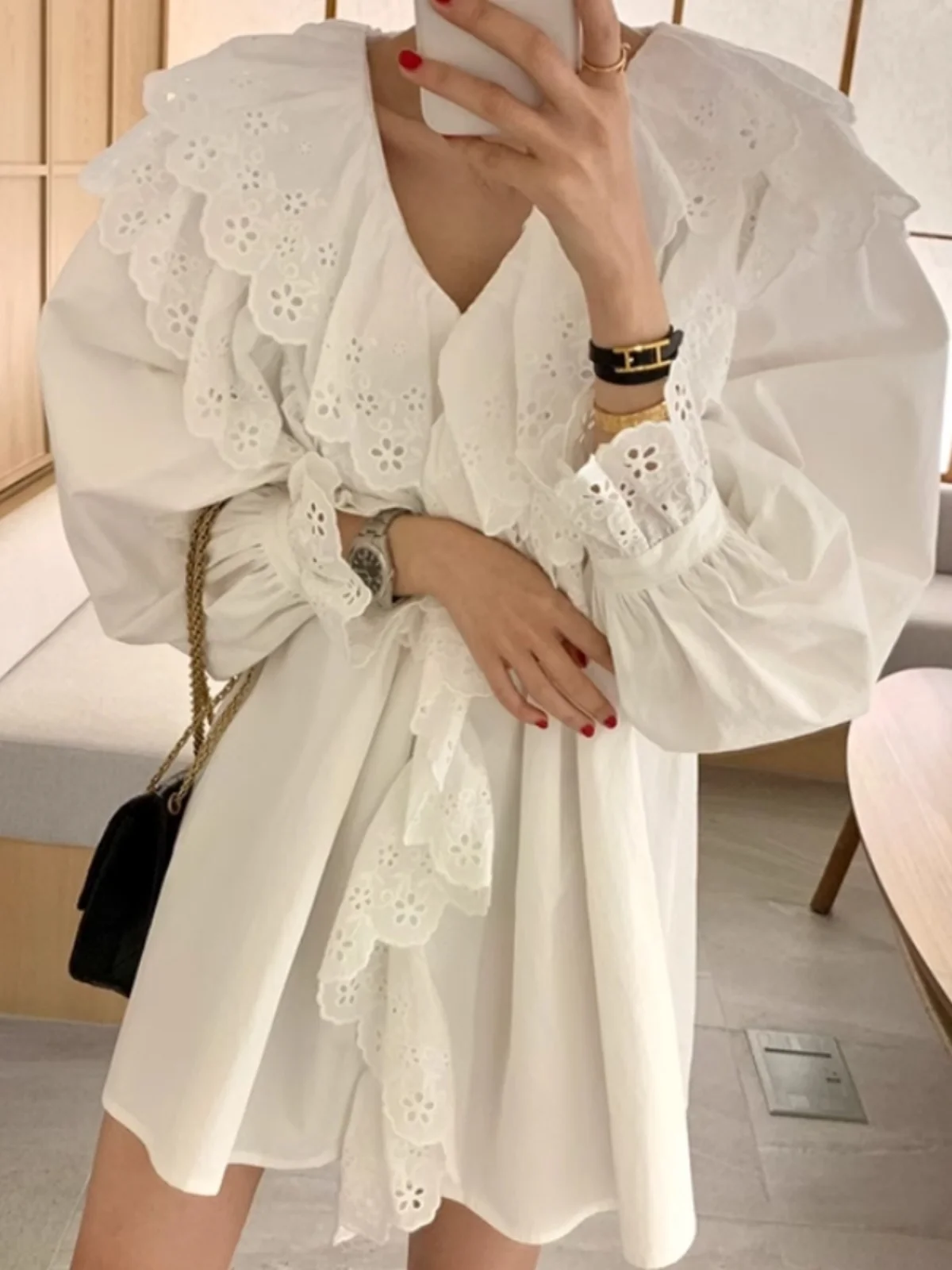 

White Lace Trimmed Bubble Sve Midi Dr Women's Korean Sle Faion Patchwork Ruffle Hem irt Dr Commute Spring A-Li...