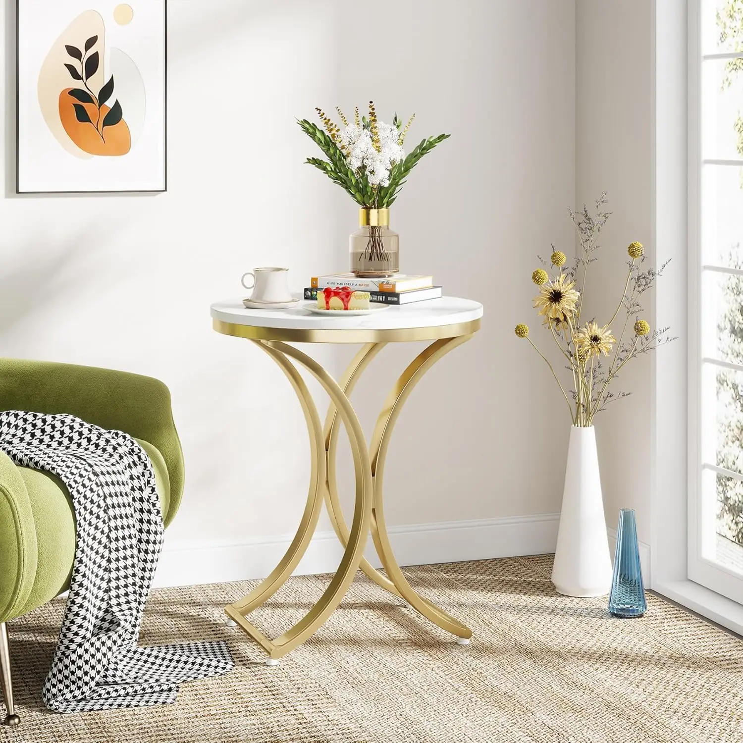 

Small Round Sofa Side Table,Modern Faux Marble White and Gold End Table,Side Table Bedside Coffee Table for Living Room, Bedroom