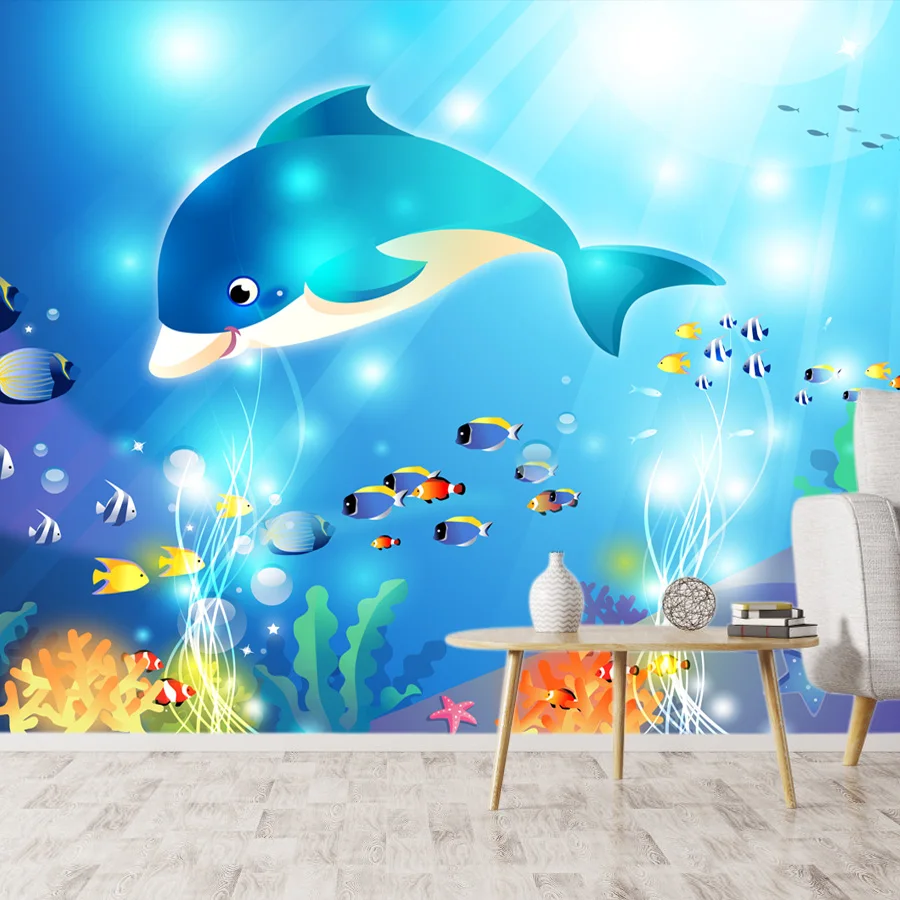 Aangepaste Zelfklevende Optionele Wallpapers Voor Slaapkamer Kinderen Babykamer Zee Wereld Dolfijn Tv Contact Muur Papieren Home Decor Prints