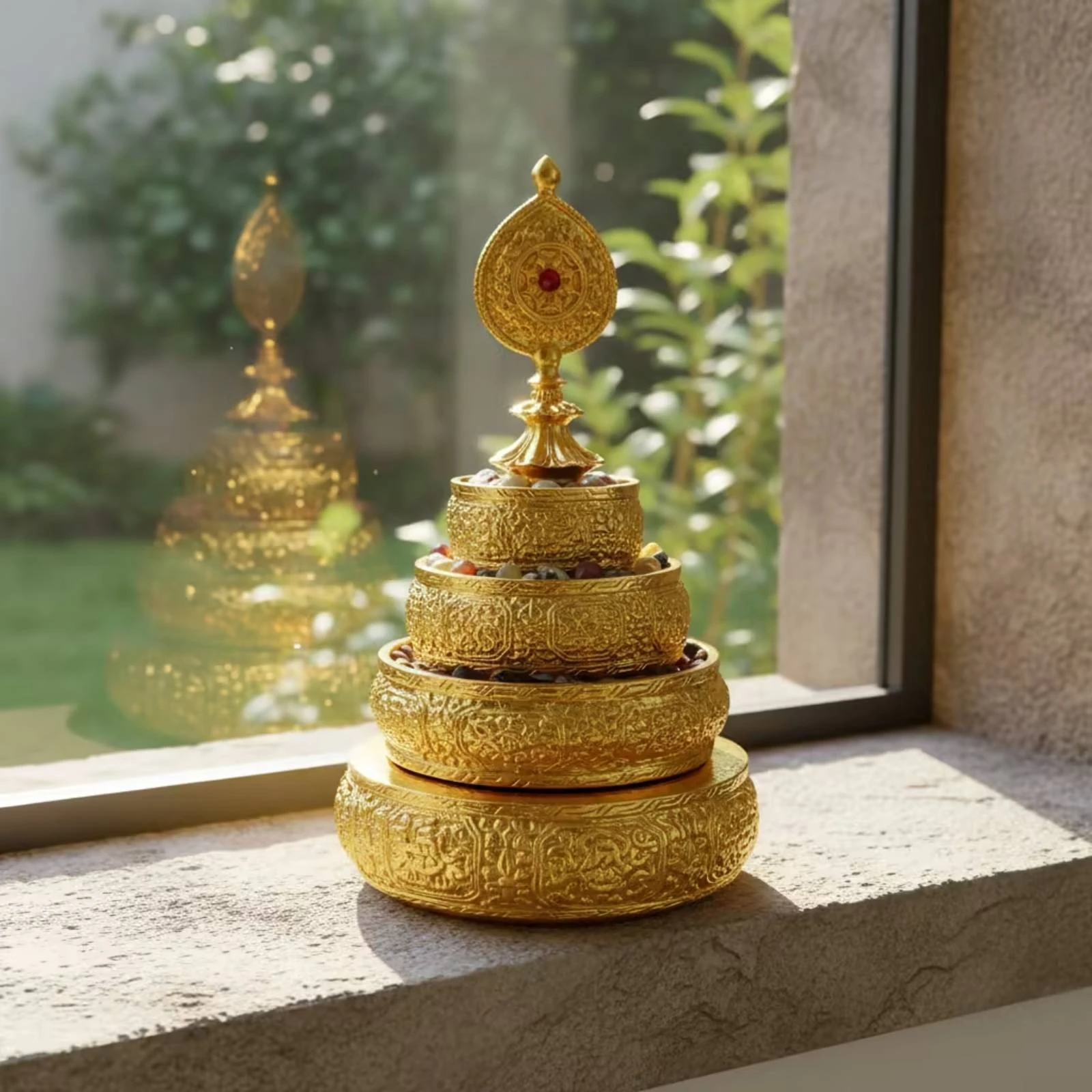 Tiered Mandala Plate Gilded Mandala Offering Plate Ritual Object Ornate Layered for Buddhist Practitioners, Display