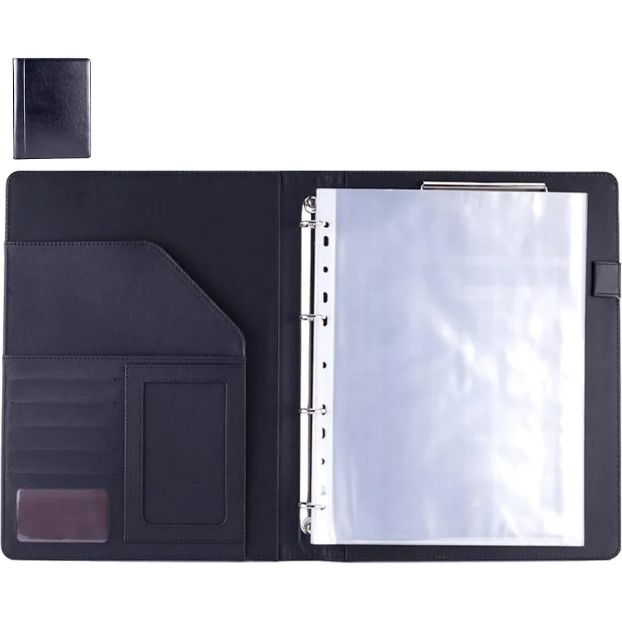 

PU Leather Padfolio Ring Binder with Clipboard Resume Leather Portfolio with 20 Clear Plastic Sleeves Black