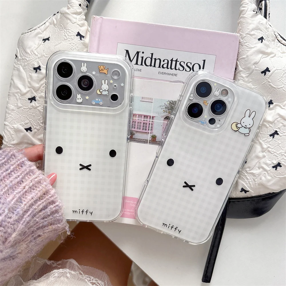 

Korean Plaid Miffy Rabbit Silicone Phone case for iPhone 17 Pro 15 16 Pro Max 15 Max Funda Cute Cartoon Kawaii Shockproof Cover