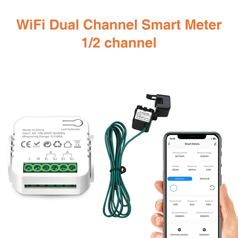 A98E-2X Tuya Wifi Smart Meter เครื่องวัดพลังงานดิจิตอล 80A Current Transformer พลังงานแสงอาทิตย์ PV การผลิตเชื้อเพลิง Monitor 2CT