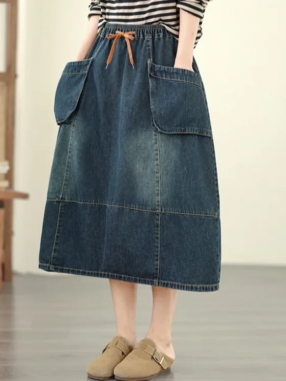 

Весенняя новая джинсовая юбка свободного кроя с расклешенным силуэтом трапециевидной формы для женщин больших размеров, повседневная хлопковая юбка с высокой талией...