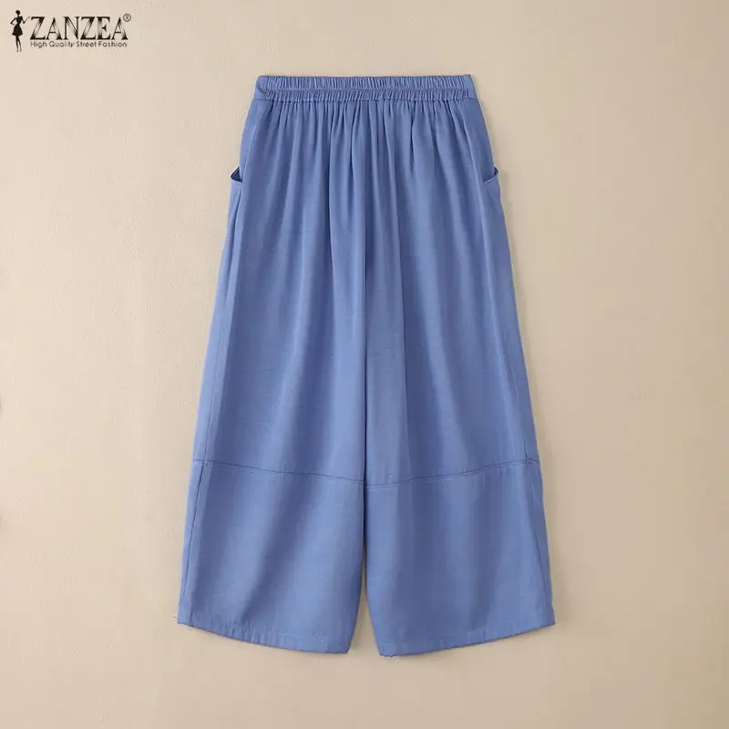 女性のカジュアルワイドレッグパンツファッションデニムのような伸縮性のあるバックウエストルーズパンツシームディテールハーレムパンツZANZEA女性カプリパンツ