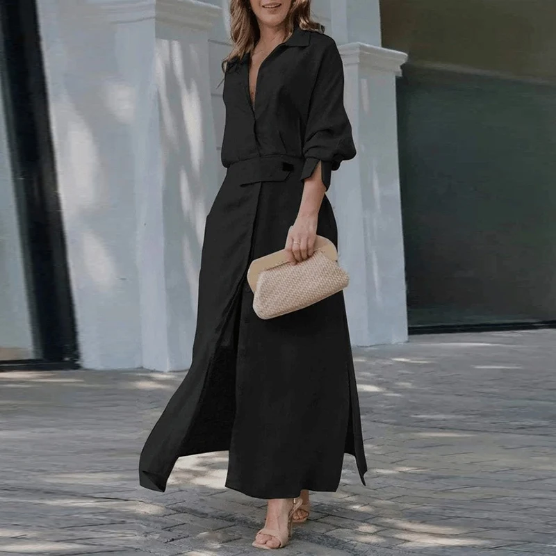 Modigirl レディース コットンリネン マキシ丈ワンピース 2025 夏 春 Vネック ボタン H型 無地 シック カジュアル ロングワンピース