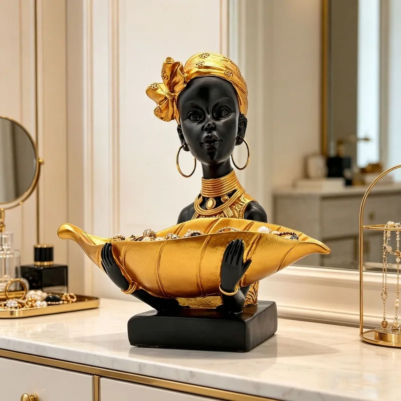 Black African Women's Storage Tray, Resin Statue Jewelry Keychain