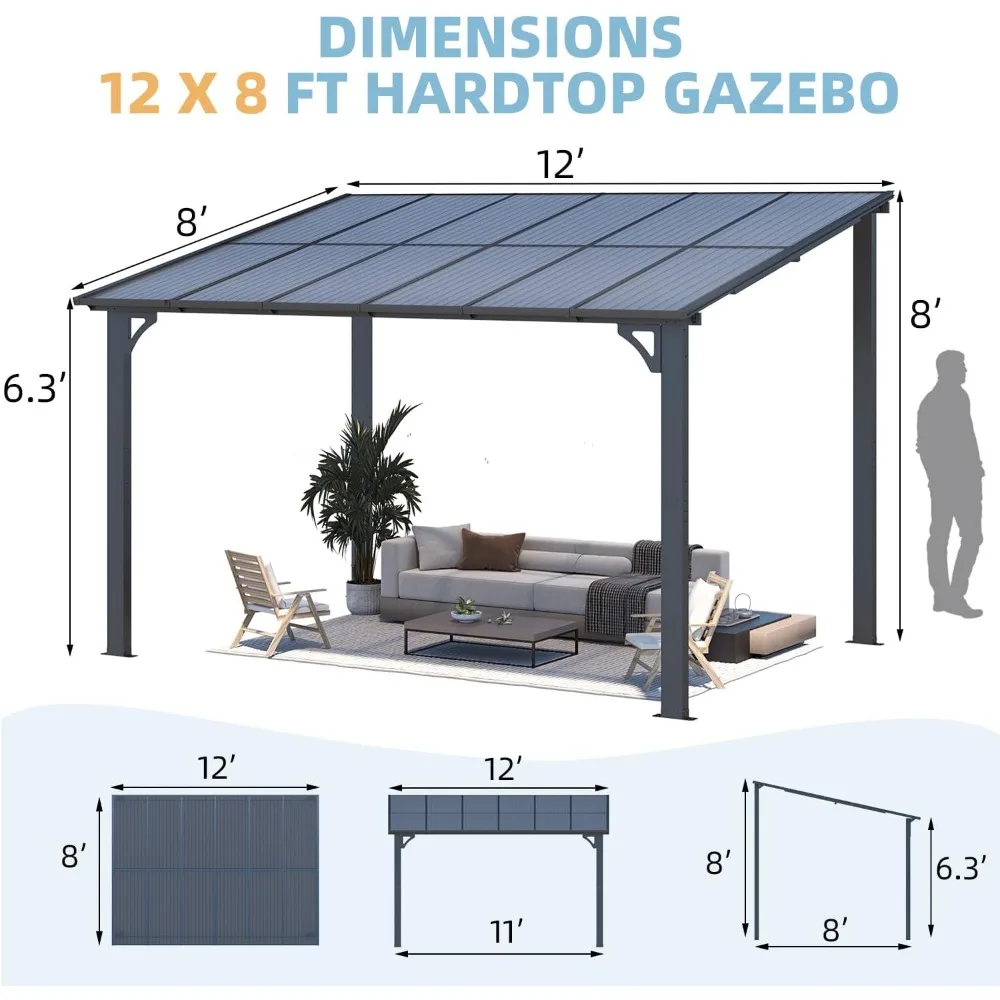 12' x 8 Outdoor-Pergola, Hardtop Lean to 8x12 Gazebo Shelter Pergolas und Pavillons mit Terrassendach, Outdoor-Vordach