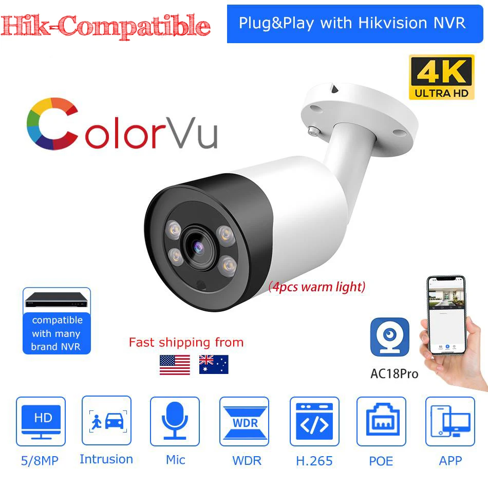 Hikvision Compatible 4K 5MP ColorVu Bullet IP Camera Built-in Mic Human Vehicle Detection Plug&Play Hik NVR Surveillance Cameras