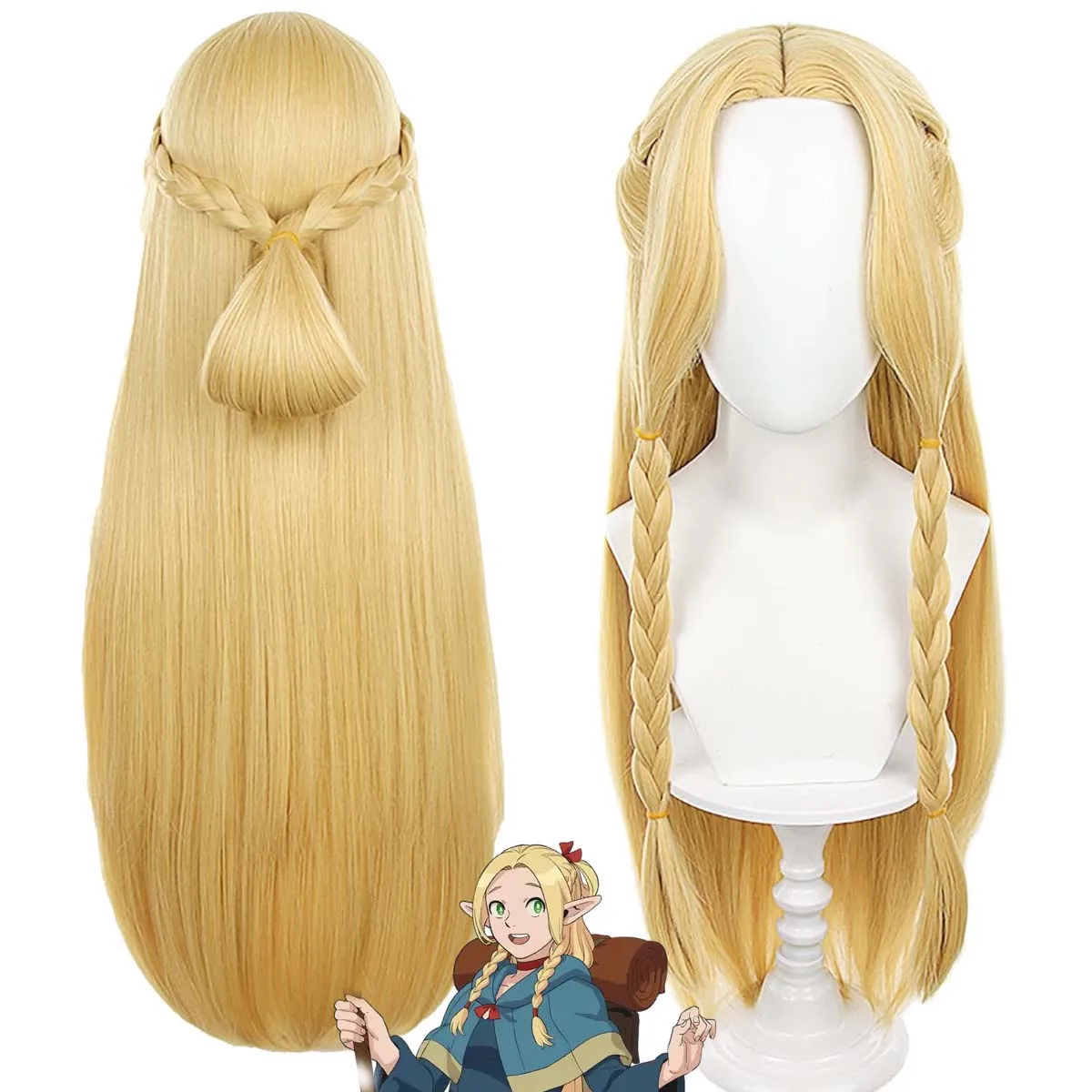 Women Anime Party Delicious in Dungeon Cos Marcille Donato Blonde Long Straight Braid Hair Wig
