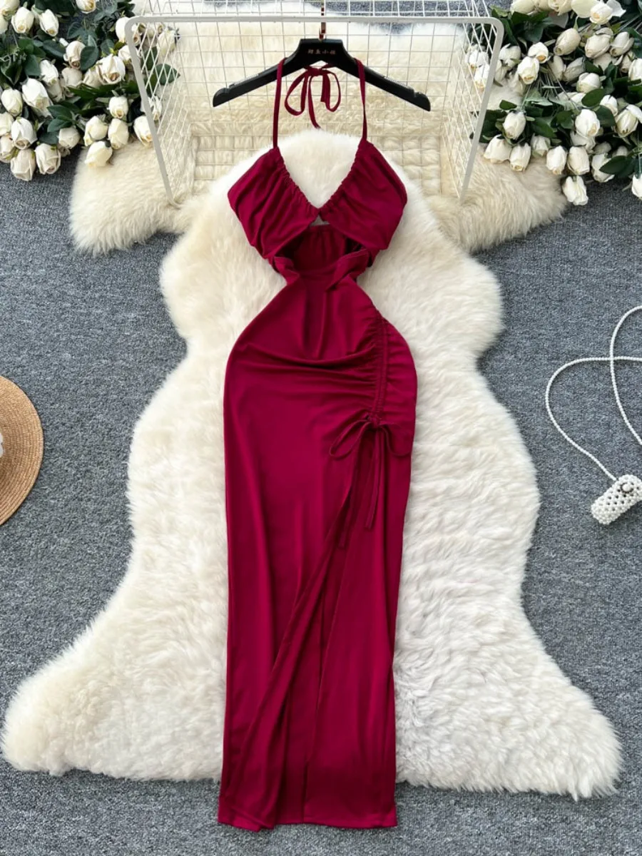 Foamlina Sexy Waist Cutout Halter Strap Dress Women Solid Color Slim Fit Flattering Summer High Slit Backless Maxi Dress