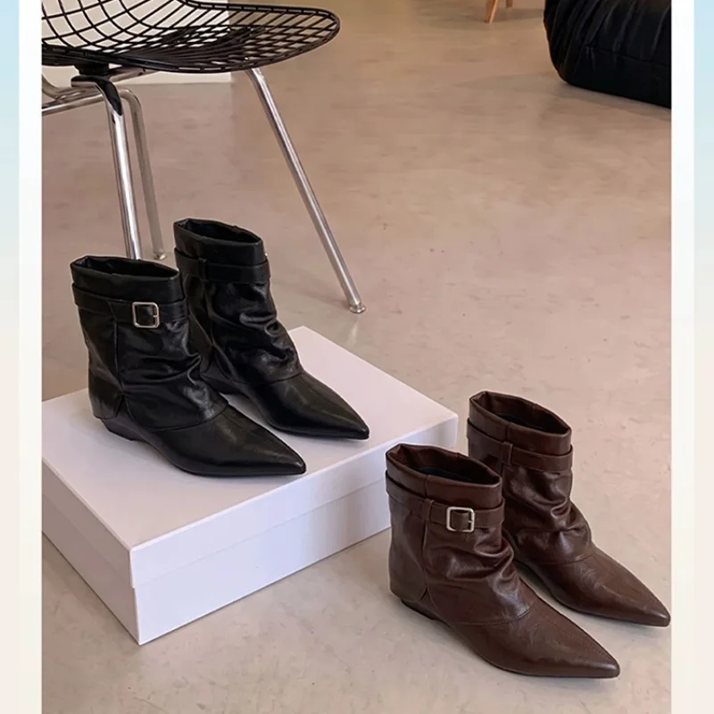 Pointed Toe Booties Women 2026 Autumn Sleeve Belt Buckle Show Leg Long Low Heel Leather Shoes