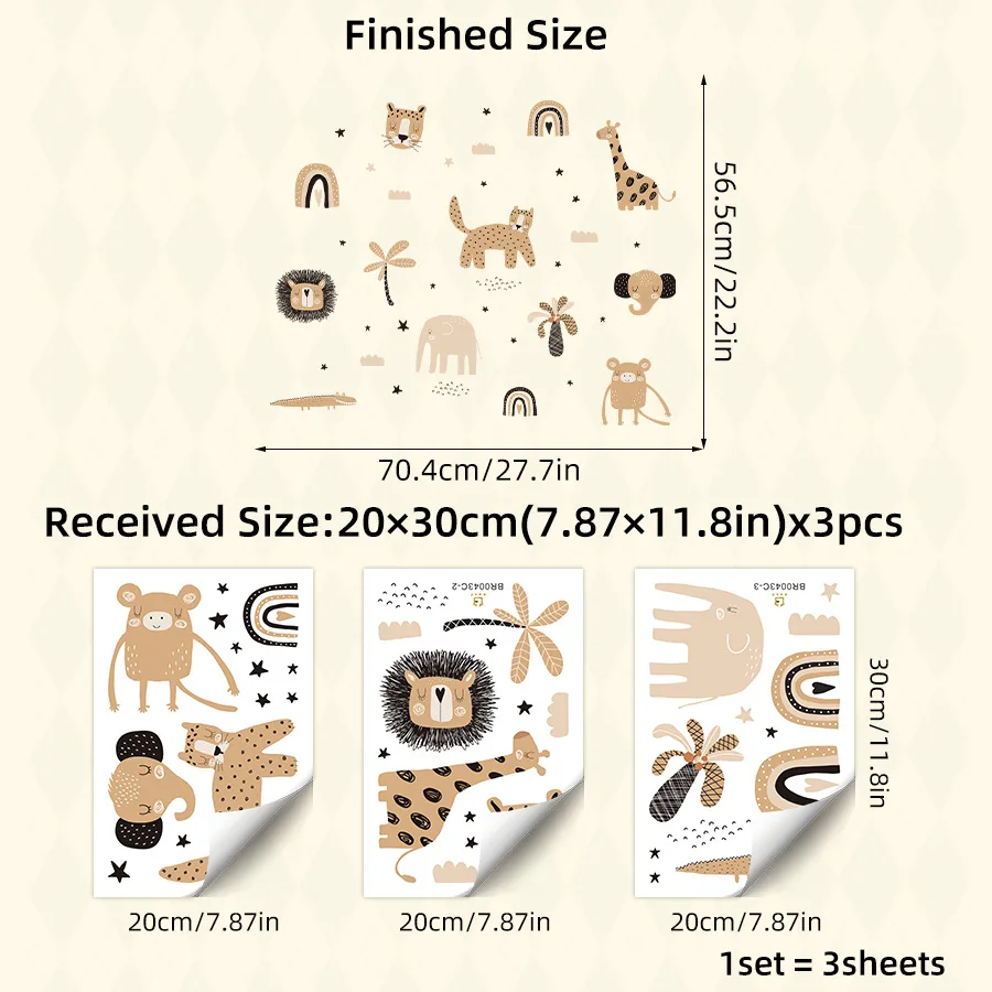 3Pcs Cartoon Boho Animals Wall Sticker Nursery Wall Stickers Children's Room Wall Decals Kids Room Decor Living Room Decoration