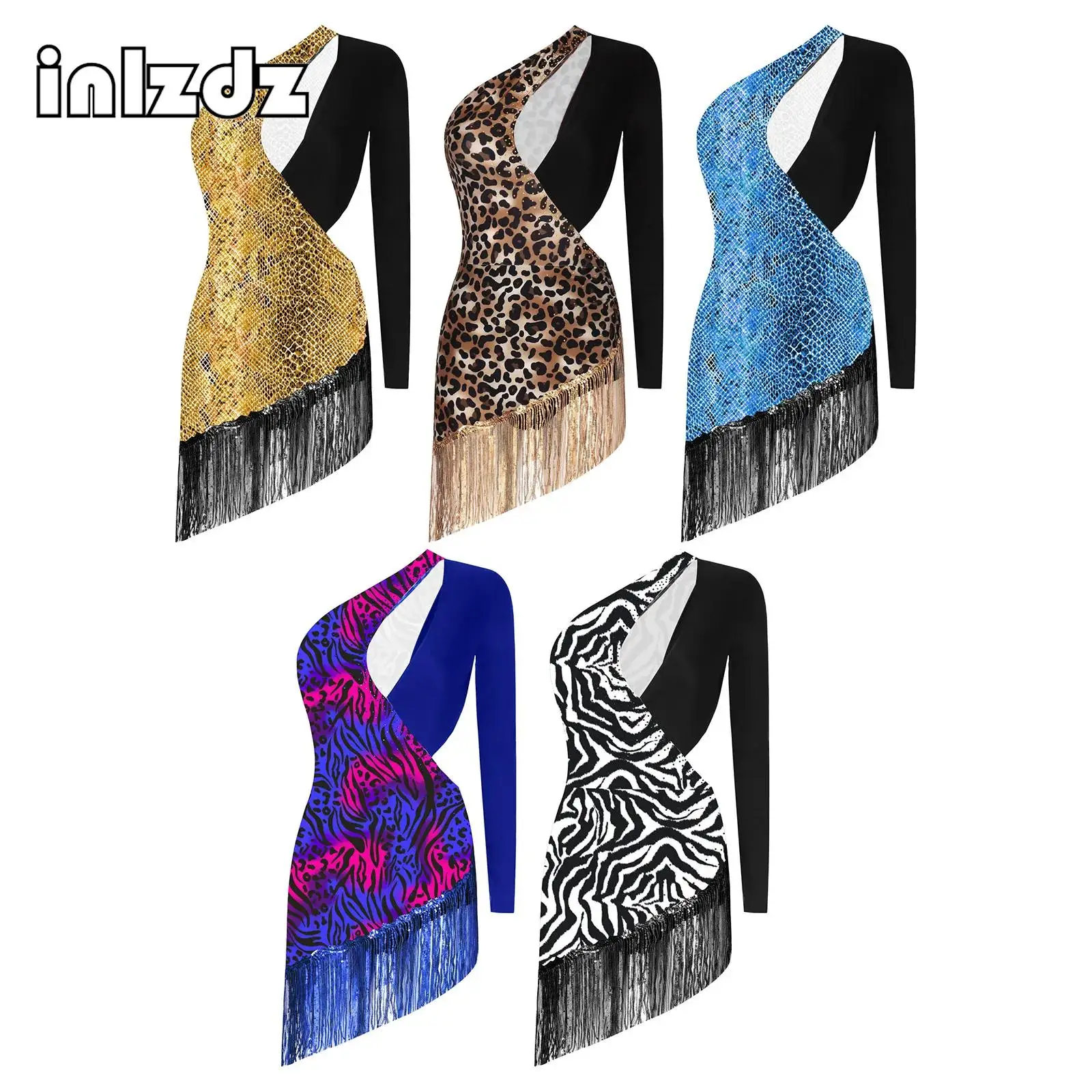 

Womens Latin Dance Dress Rhinestones Adorned Inclined Shoulder Design One Long Sleeve Built-In Crotch Buttons Bries Tassel Dress