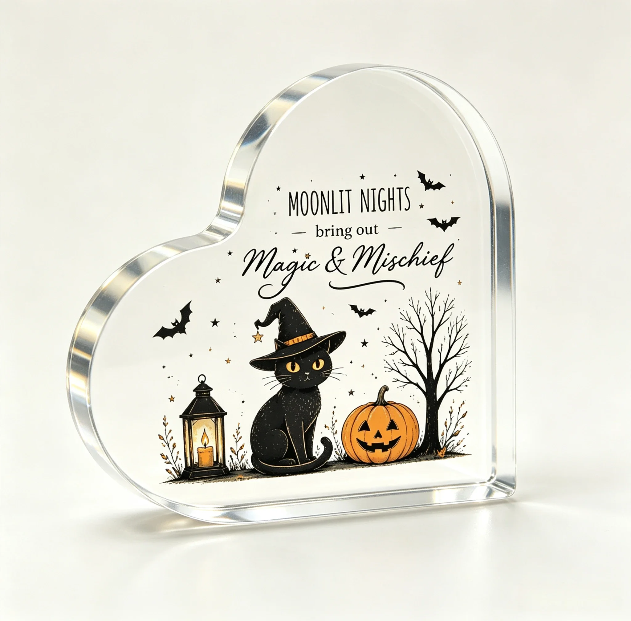 Moonlit Nights Magic & Mischief Witch Black Cat Heart‑Shaped Acrylic Plaque, Halloween Tabletop Decor