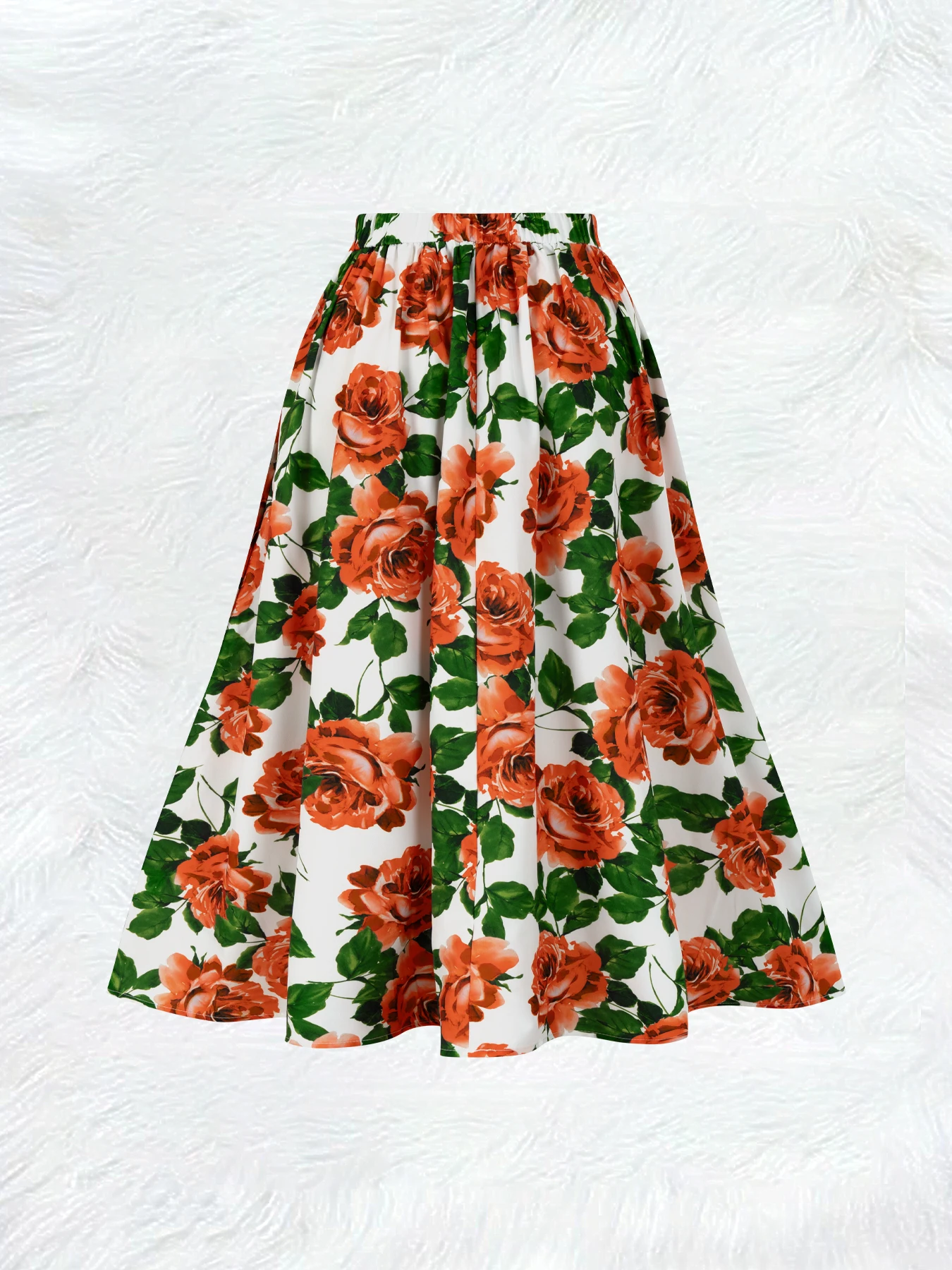 Printed Design Four Seasons Vacation Style White Background Orange Red Rose Half Skirt