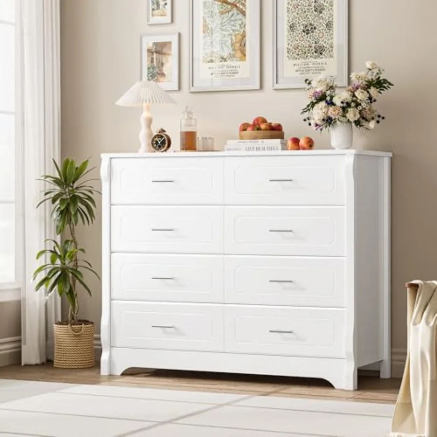 

White 8 Drawer Dresser for Bedroom 47 Wood Dresser Chest of Drawers Modern Double Storage Cabinet with Deep Drawers Metal Handl