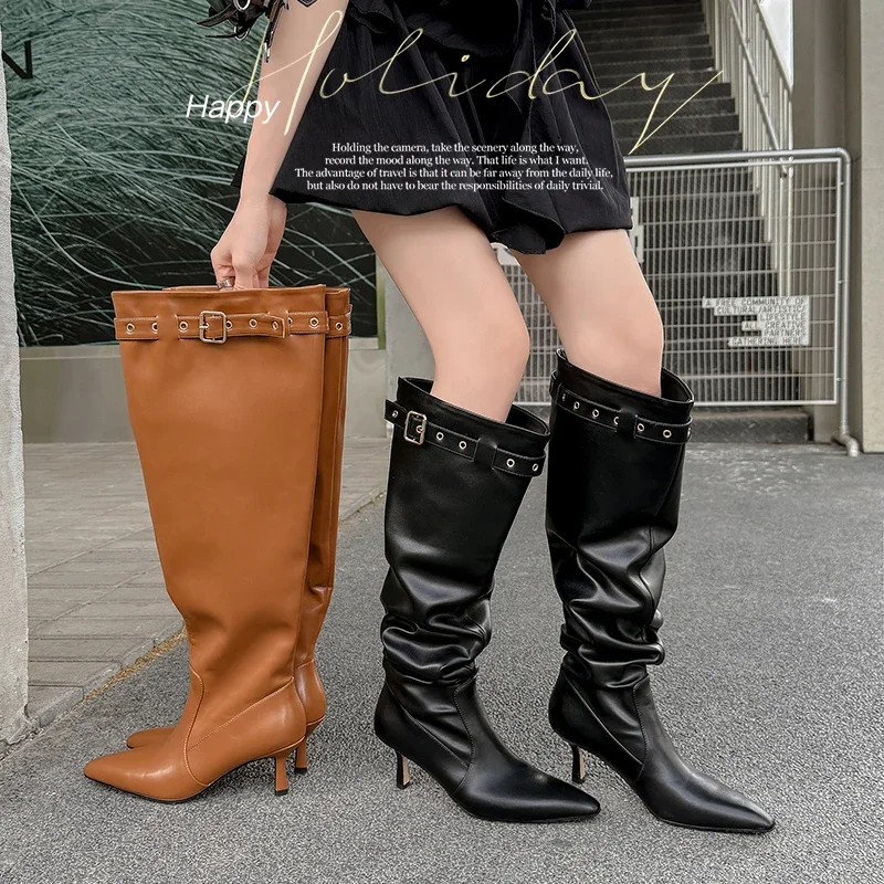 2026 autumn winter women knee-high boots 22-25cm micro fiber leather pointed toe belt buckle high heel Pile up boots long boots