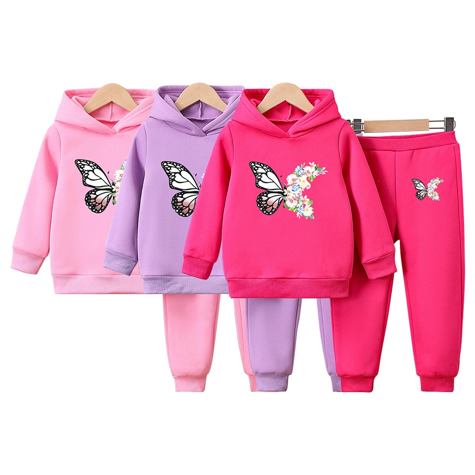 

Charming Girls Two-Piece Hoodie and Long Pants Set Unique Butterfly Comfortable and Stylish Autumn and Winter Children Sets