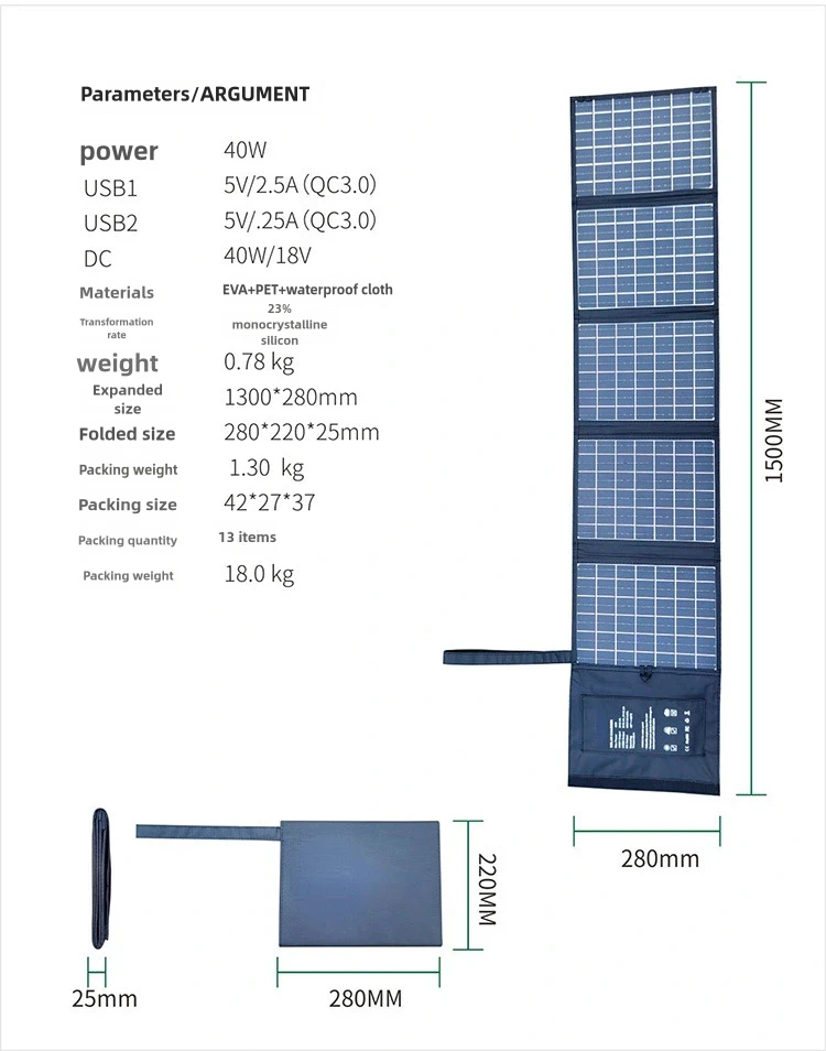 40w Foldable Outdoor Travel Mobile Power Supply Solar Usb Fast Charging Single Crystal Silicon Output Photovoltaic Module