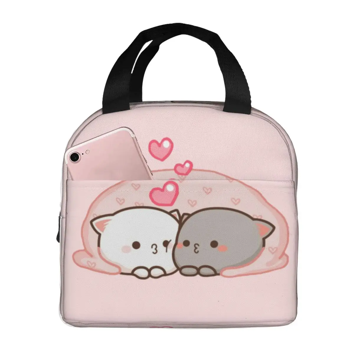 Cute Mochi Cat Peach And Goma Love Kiss Insulated Lunch Bags for Women Resuable Thermal Cooler Bento Box Outdoor Camping Travel