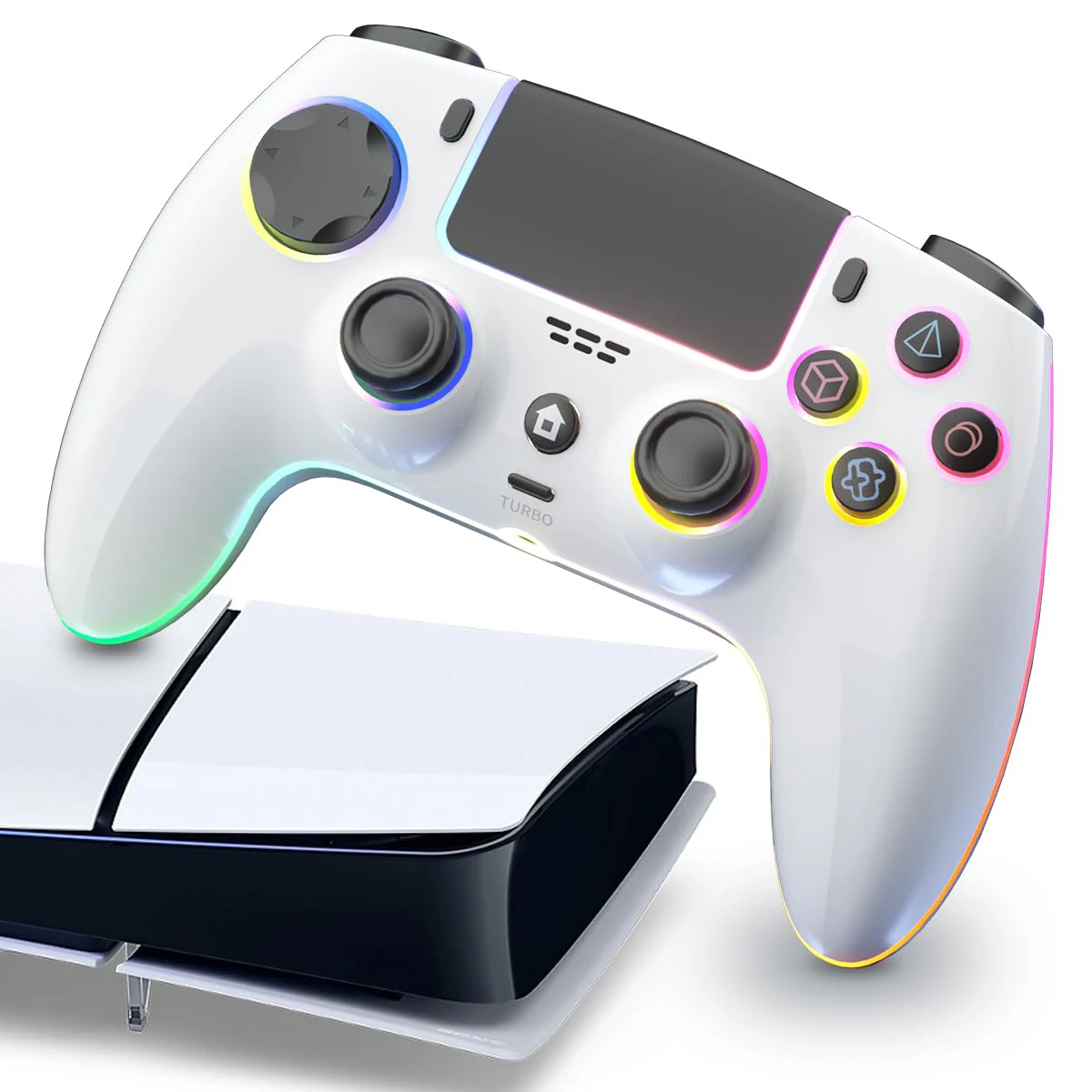 

Wireless Controller with 7 Colors RGB Light for P-S5 Pro/Slim,Steam,iOS,MAC,PC Windows/Android 10 and Above,Support Microphone