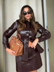 Vintage Burgundy Leather Set Lapel Single Breasted Jacket Slim Mini Skirt Fashin Women Suit 2 Piece 2024 High Street Lady Outfit