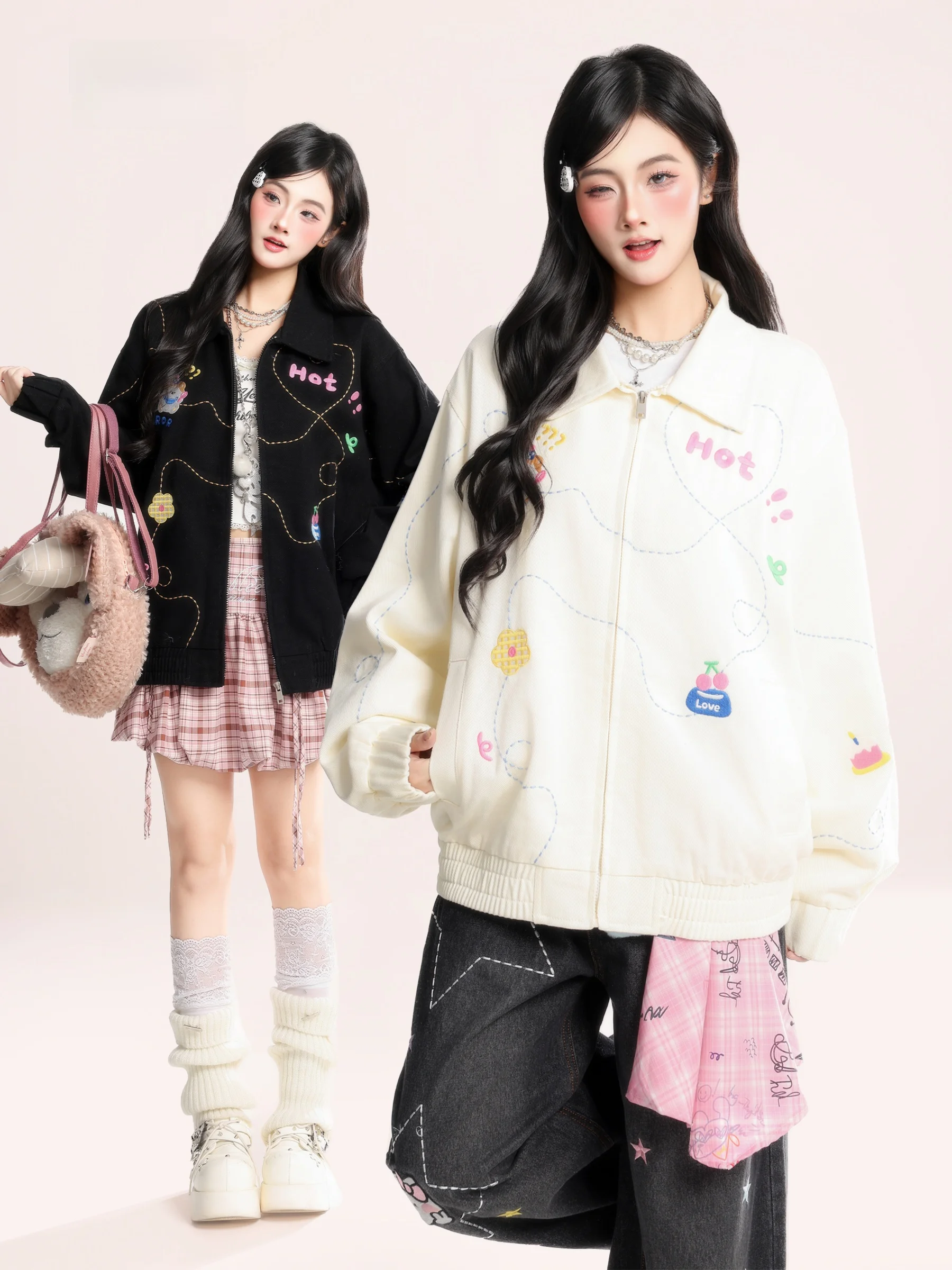 

American Retro Fun Dog Embroidery Jaet Women's Loose Lazy Sle Top Spring 2026 Cotton Long Sve Zipper Closure Coat