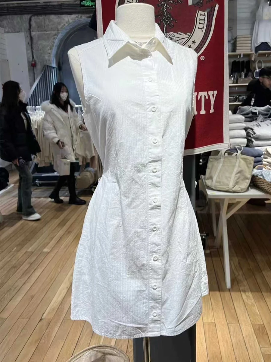 Vintage Gestreepte Bruine Shirt Jurk Vrouwen Revers Single Breasted Cottob Mouwloze Slanke Vestidos Solid Sweet Lace-up Midi Jurk nieuwe