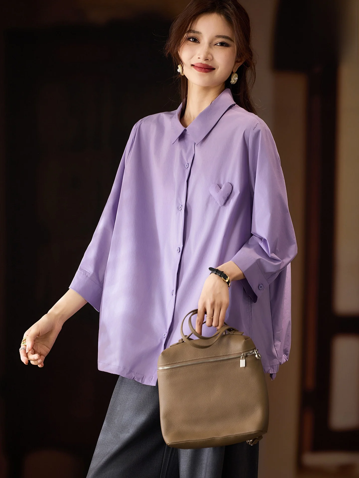 

Loose Women's irt Lapel Design Heart Pattern Spring Faion Street Sle Breathable Cotton Blend Casual Long Sve Top