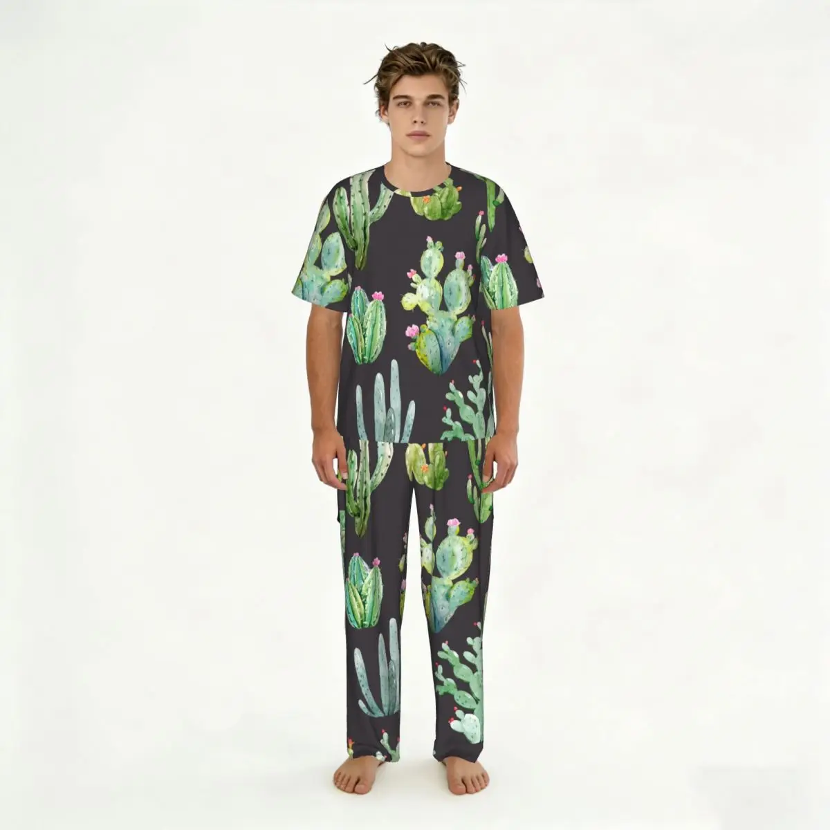 

Men's short-sleeved pajamas two-piece trousers Watercolor Cactus Pattern home wear suit sleepwear