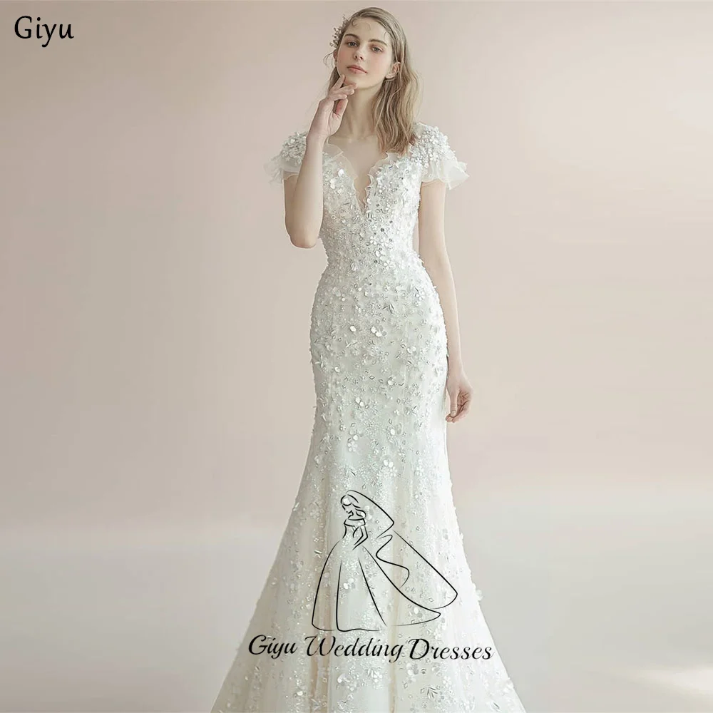 Giyu Gorgeous Beading Mermaid Trumpet Bridal Gown V-Neck Short Sleeves Wedding Dresses For Woman Customized Reception Dress ﻿