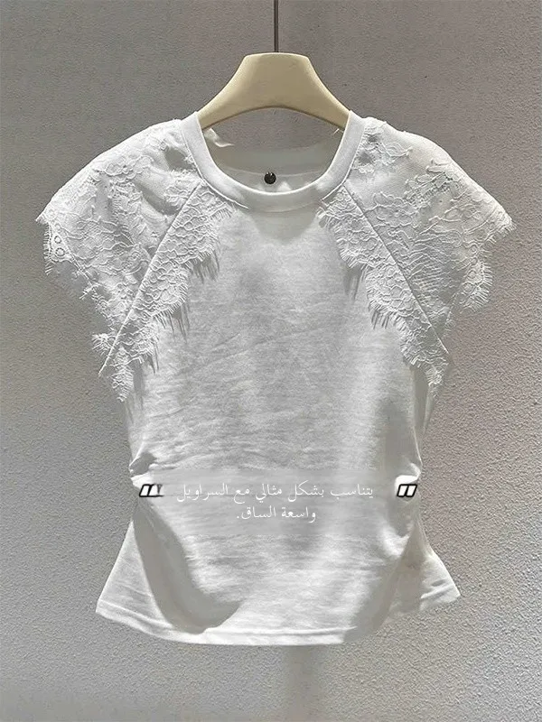 Summer 2025 Women's Lace Splice Pleated Slim Fit Short Sleeve T-Shirt White Top Korean Style Cotton Creative Pattern round Neck