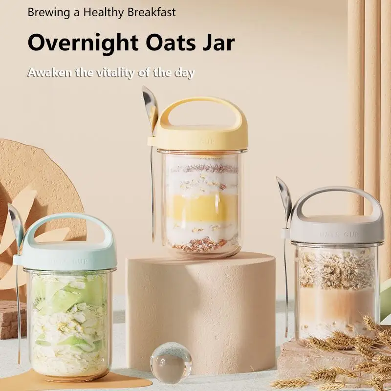 Glass Overnight Oats Container Sealed Lid Stainless Steel Spoon Included for Breakfast Commute Outdoor Carrying